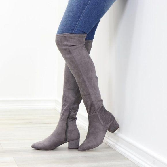 Pointy Toe Over The Knee Gray Boots Faux Suede - Picture 6 of 12